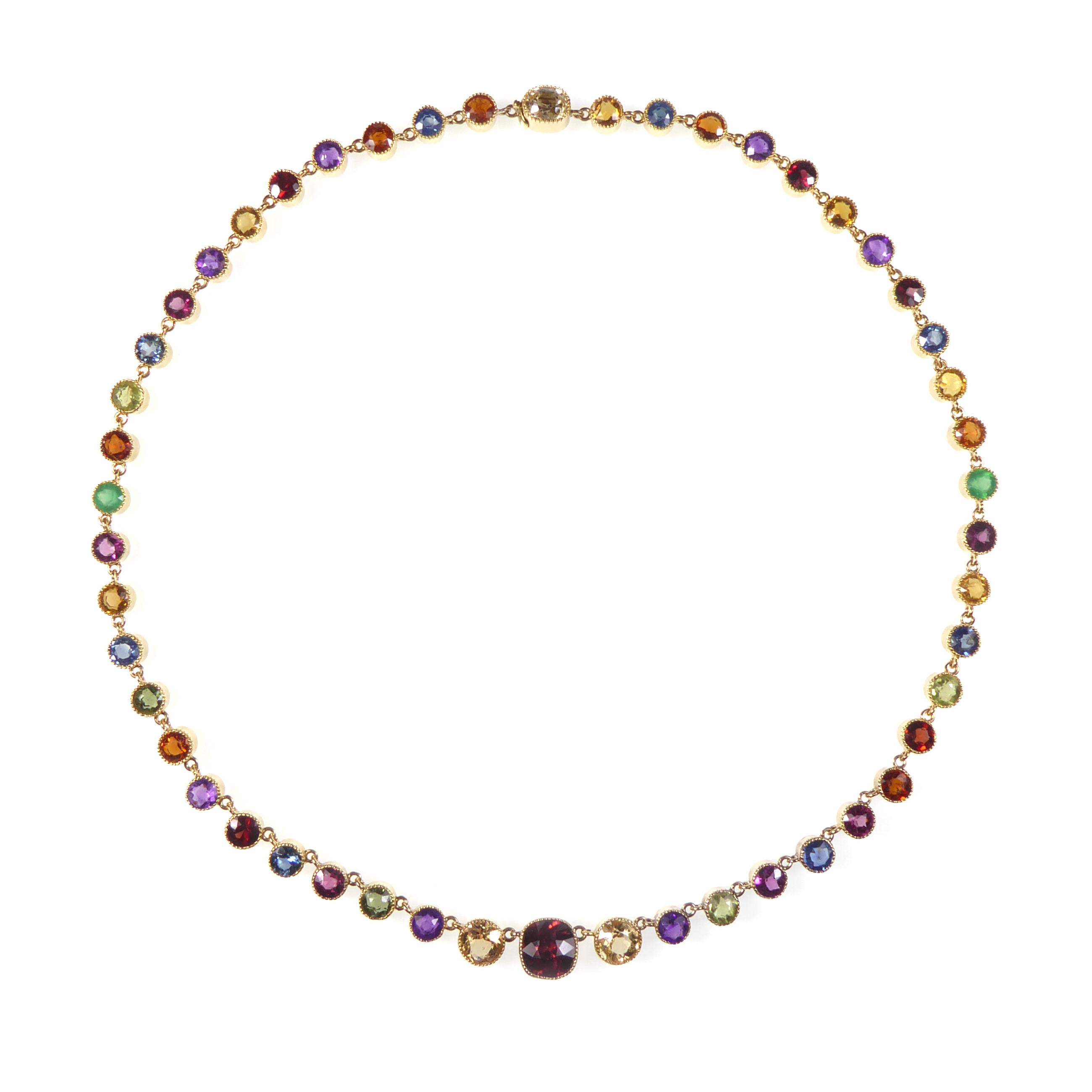 Antique vari-coloured gem and gold collet necklace, c.1890, with graduated cushion and rounded facetted stones including zircon, demantoid garnet, amethysts, sapphires and others,